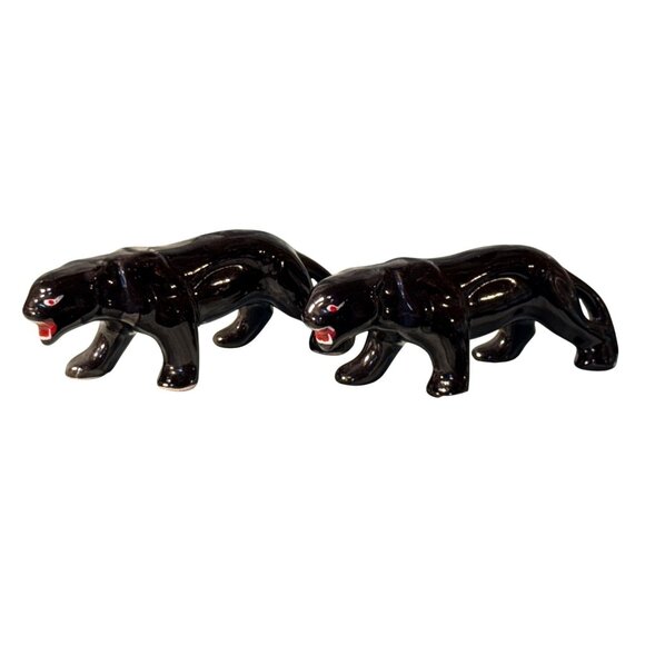 1950s Vintage Black Panther Ceramic Figurine Pair MCM Jungle Décor Vtg Stalking - Picture 2 of 8